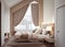 3D. Beautiful modern bedroom interior with soft brown decor