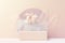 3d Beauty premium pedestal product display with Dreaming land and fluffy cloud. Minimal pastel sky and clouds scene for present