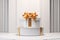 3D Beige Podium with Gift, Open Box, and Gold Ribbon. Luxury Product Display