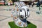 3D big gray statue of a hare or a rabbit, painted with daisies, drawn by a white muzzle. Beautiful art easter decoration .Kyiv Ki