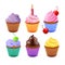 3d birthday cakes set, cupcake cup. Sweet muffin, chocolate and vanilla food dessert, candles and cherry on bakery, cute