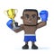 3d Black boxer holds up a gold cup trophy