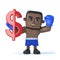 3d Black boxer holds US Dollar currency symbol