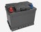 3D black car battery with black handle and red and blue terminal