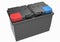 3D black car battery with black handles and red and blue terminal covers on white