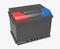 3D black car battery with gray handle and red and blue terminal