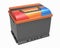 3D black car battery with gray handle and red and blue terminal