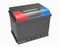 3D black car battery with gray handle and red and blue terminal