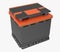 3D black car battery with orange cover and red and blue terminal