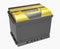 3D black car battery with yellow handle and yellow terminal cove