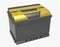 3D black car battery with yellow handle and yellow terminal cove