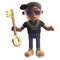 3d black cartoon hiphop rapper character holding a gold key, 3d illustration