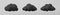 3d black clouds set isolated on a grey background. Render soft cartoon fluffy black clouds icon, dark dust or smoke. 3d