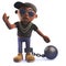 3d black hip hop rapper cartoon character with a ball and chain