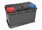 3D black truck battery with black handles and red and blue terminal covers on white