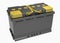 3D black truck battery with yellow handles and yellow terminal c