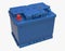 3D blue car battery with blue handle and red and blue terminals
