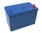 3D blue car battery with red and blue terminals on white