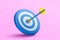 3d blue dart hit to center of blue dartboard with pink background. minimal cartoon illustration.