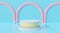 3d blue podium background abstract candy dessert cake cartoon. Creative ideas minimal summer food. 3d rendering for pastel banner