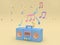 3d blue radio with many music note,key sol cartoon style soft yellow minimal background 3d render