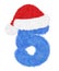 3D â€œBlue wool fur feather character Numberâ€ creative decorative with Red Christmas hat, Number 5 isolated in white background.