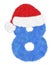 3D â€œBlue wool fur feather character Numberâ€ creative decorative with Red Christmas hat, Number 8 isolated in white background.