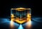 3D blue and yellow cube with refraction and holographic effect light on dark background