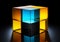 3D blue and yellow cube with refraction and holographic effect light on dark background