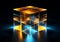 3D blue and yellow cube with refraction and holographic effect light on dark background