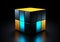 3D blue and yellow cube with refraction and holographic effect light on dark background