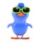 3d Bluebird flying wearing green sunglasses