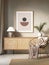 3d boho interior with wicker sideboard,a round rattan chair with ikat cushion and a jute