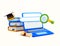 3d books and graduation cap, laptop, diploma, search, magnifying glass, isolated on background. Banner template for