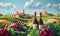 3d bottles of red wine in green leaves. Blue grapes and cute houses. Image for winery