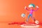3d boy cartoon character within football action and VR glasses metaverse. 3d illustration. ball object rendering. fitness exercise