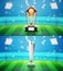 3D Bronze And Silver Winning Trophy Cup Against Blurred Stadium Bokeh Background