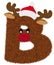 3D â€œBrown Reindeer wool fur feather letterâ€ creative decorative with Red Christmas hat, Character B.