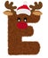 3D â€œBrown Reindeer wool fur feather letterâ€ creative decorative with Red Christmas hat, Character E.