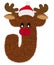 3D â€œBrown Reindeer wool fur feather letterâ€ creative decorative with Red Christmas hat, Character J.