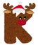 3D â€œBrown Reindeer wool fur feather letterâ€ creative decorative with Red Christmas hat, Character K.