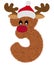 3D â€œBrown Reindeer wool fur feather Number Charactorâ€ creative decorative with Red Christmas hat, Number 3.