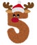 3D â€œBrown Reindeer wool fur feather Number Charactorâ€ creative decorative with Red Christmas hat, Number 5.