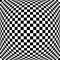 3d bulging, convex, globular, protuberant distortion, deformation on checkered, black and white squares pattern, background.