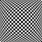 3d bulging, convex, globular, protuberant distortion, deformation on checkered, black and white squares pattern, background.