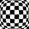 3d bulging, convex, globular, protuberant distortion, deformation on checkered, black and white squares pattern, background.