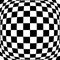 3d bulging, convex, globular, protuberant distortion, deformation on checkered, black and white squares pattern, background.