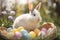 3d Bunny behind defocused decorated eggs in flower field