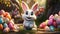 3D Bunny Bliss Oasis: Adorable Animated Easter Rabbit in a Scenic Meadow of Vibrant Eggs. Generative AI