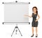 3D Business woman with a blank projector screen